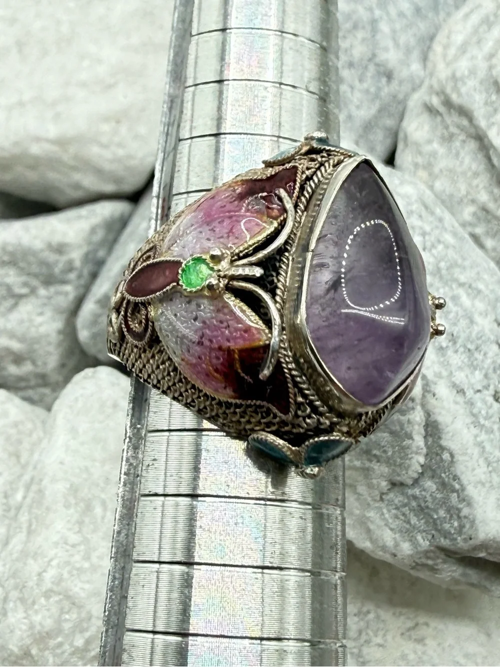 Vintage Chinese Export Sterling Silver Amethyst Enamel Butterfly Ring Size 7 10g